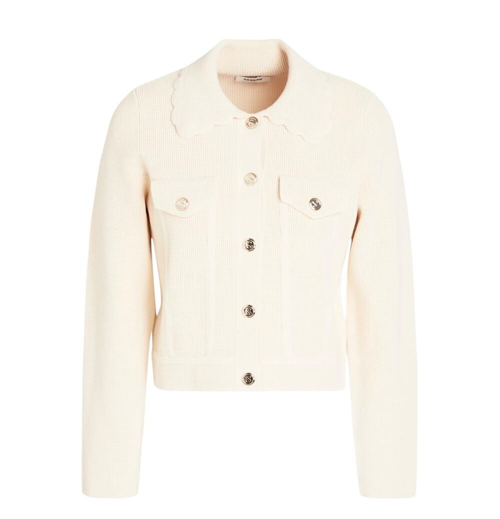 Sandro Paco Cream Waffle Knit Collared Button Front Cardigan Sweater Jacket